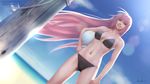  ball bikini blue_eyes blue_sky cloud collarbone day drawcrowd_sample dutch_angle gohpot grin highres holding holding_ball image_sample lens_flare long_hair megurine_luka navel pink_hair pole signature sky smile solo swimsuit very_long_hair vocaloid volleyball watermark web_address 
