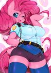  &lt;3 abstract_background badge belt big_breasts blue_eyes breasts clothing doughnut equine female food friendship_is_magic hair horse legwear mammal my_little_pony open_mouth pink_hair pinkie_pie_(mlp) police_uniform pony shorts slugbox solo thick_thighs thigh_highs tongue uniform walkie_talkie 