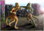  2014 abs absurd_res anthro argonian armband armpits bandage bare_shoulders breasts claws clothing duo female fight hi_res nerissien non-mammal_breasts outside punch reptile scalie shorts the_elder_scrolls toe_claws tribal video_games yellow_eyes 