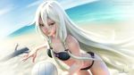  bandeau beach blue_sky bow braid day drawcrowd_sample dutch_angle gohpot green_eyes highres ia_(vocaloid) image_sample log long_hair ocean outdoors realistic sand signature sky smile solo twin_braids vocaloid volleyball watermark web_address white_hair 