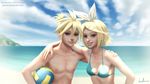  1girl arm_around_neck arm_around_waist bikini blonde_hair blue_sky brother_and_sister cloud day drawcrowd_sample gohpot grin hair_ornament hair_ribbon hairclip hand_on_another's_shoulder highres image_sample kagamine_len kagamine_rin ocean ponytail realistic ribbon shirtless siblings signature sky smile sunlight swimsuit twins vocaloid volleyball watermark web_address 