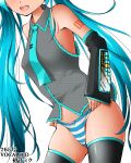  1girl aqua_hair dr_rex hatsune_miku head_out_of_frame long_hair no_pants open_mouth panties simple_background solo standing striped striped_panties thighhighs twintails underwear vocaloid 
