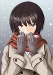  amagami black_eyes black_hair blush breathing_on_hands gloves highres jacket looking_at_viewer nanasaki_ai open_mouth red_scarf saitou_shouki scarf short_hair snow solo winter 