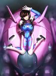  bodysuit d.va_(overwatch) facial_mark from_above highres looking_at_viewer mecha meka_(overwatch) overwatch pilot_suit sitting solo whisker_markings zraxi 