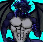 2016 abs anthro barazoku belly biceps big_muscles big_wings black_skin blue_eyes blue_hair claws clothed clothing digital_media_(artwork) domination dragon facial_hair fin frieda grin hair horn invalid_tag looking_at_viewer male manly mature_male muscular muscular_male nude pecs ryan_pierce scale scales scalie simple_background smile solo tall teeth topless wings 