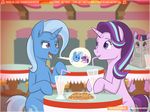  2016 blue_hair cookie cutie_mark duo_focus equine eyelashes female feral food friendship_is_magic group hair hi_res hooves horn inside jcosneverexisted long_hair mammal multicolored_hair my_little_pony newspaper open_mouth patreon plate starlight_glimmer_(mlp) straw table trixie_(mlp) twilight_sparkle_(mlp) two_tone_hair unicorn 