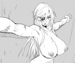  against_wall bdsm breasts cuffs eyepatch greyscale large_breasts long_hair looking_at_viewer monochrome nipples nude open_mouth restrained scar shackles solo stationary_restraints sweat upper_body velzhe wall 