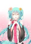  absurdres blue_hair closed_eyes detached_sleeves flower grey_shirt hair_flower hair_ornament hands_together hatsune_miku heart highres long_hair necktie open_mouth pink_neckwear re:rin shirt solo twintails vocaloid 
