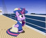  book clothed clothing cute equine feathered_wings feathers female feral friendship_is_magic fur gennadykalugina_(artist) hair hat horn horse magic_glow mammal multicolored_hair my_little_pony pony purple_eyes sea seaside ship sky smile solo twilight_sparkle_(mlp) vehicle water winged_unicorn wings 