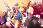  :&lt; artist_request black_legwear blazblue blazblue:_central_fiction blonde_hair blue_capelet breasts cape capelet detached_sleeves forehead_protector green_eyes hair_between_eyes hair_ribbon hairpods legs_together long_hair mikado_(blazblue) miniskirt multiple_girls noel_vermillion official_art purple_hair rachel_alucard red_eyes ribbon sitting skirt small_breasts smile thighhighs throne twintails wide_sleeves zettai_ryouiki 