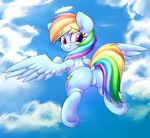  2016 blue_feathers blue_fur blush butt cloud cutie_mark dock equine eyelashes feathered_wings feathers featureless_crotch female feral flying friendship_is_magic fur hair halo heavymetalbronyyeah hi_res mammal multicolored_hair my_little_pony outside pegasus rainbow_dash_(mlp) rainbow_hair sky solo spread_wings wings 