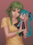  character_doll gohpot green_eyes green_hair gumi hatsune_miku headphones highres holding realistic short_hair_with_long_locks sidelocks signature smile solo spring_onion upper_body vocaloid watermark web_address 