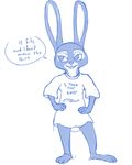  anthro blue_theme buckteeth clothed clothing dialogue digital_media_(artwork) disney english_text full-length_portrait fur happy humor judy_hopps lagomorph mammal monochrome partially_clothed portrait rabbit shirt simple_background smile suggestive teeth text unknown_artist unseen_character white_background zootopia 