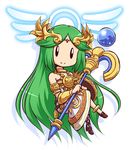  bare_shoulders blush breasts green_hair jewelry kid_icarus kid_icarus_uprising long_hair mazume medium_breasts mismatched_footwear necklace palutena smile solo super_smash_bros. tiara very_long_hair 