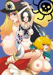 3girls animal aphelandra areolae armpits arms_up bare_arms black_hair blonde_hair blue_eyes blush boa_hancock breasts breasts_outside cape earrings embarrassed floating_hair green_eyes hat highres holding huge_breasts knife large_breasts legs long_hair looking_at_viewer marguerite mound_of_venus multiple_girls navel nipples one_piece open_mouth parted_lips red_eyes short_hair simple_background skirt sleeveless smile snake standing thighs 