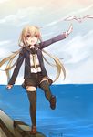  balancing belt bird black_legwear blonde_hair blue_jacket brown_eyes cloud cloudy_sky crescent crescent_moon_pin day hachimitsu_(hati718) jacket kantai_collection loafers long_hair long_sleeves necktie ocean open_mouth outstretched_arm remodel_(kantai_collection) satsuki_(kantai_collection) school_uniform seagull serafuku shoes shorts sky solo standing standing_on_one_leg thighhighs twintails twitter_username yellow_neckwear 