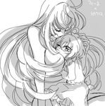  between_breasts bow breasts closed_eyes dress eyebrows eyebrows_visible_through_hair fine_(symphogear) greyscale hair_ribbon hand_on_another's_head head_between_breasts hime_cut hug ivory_(25680nico) large_breasts lineart long_hair looking_at_another monochrome multiple_girls nude ribbon senki_zesshou_symphogear simple_background smile tears translated twintails very_long_hair white_background younger yukine_chris yuri 