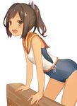  blush brown_eyes brown_hair i-401_(kantai_collection) kantai_collection keemu_(occhoko-cho) looking_at_viewer one-piece_swimsuit ponytail sailor_collar school_swimsuit short_ponytail simple_background smile solo swimsuit swimsuit_under_clothes tan tanline white_background 