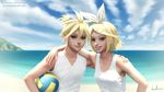  1girl arm_around_neck arm_around_waist bikini bikini_under_clothes blonde_hair blue_sky brother_and_sister cloud day drawcrowd_sample gohpot grin hair_ornament hair_ribbon hairclip hand_on_another's_shoulder highres image_sample kagamine_len kagamine_rin ocean ponytail ribbon siblings signature sky smile sunlight swimsuit swimsuit_under_clothes tank_top twins v-neck vocaloid volleyball watermark web_address 