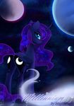  2016 blue_eyes blue_feathers blue_fur blue_hair cutie_mark english_text equine feathered_wings feathers female feral friendship_is_magic fur hair hi_res horn looking_at_viewer looking_back lyra-senpai mammal moon my_little_pony planet princess_luna_(mlp) sky solo star text winged_unicorn wings 
