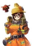  alternate_costume bad_id bad_pixiv_id breasts brown_eyes brown_hair chin_strap coat fire_helmet firefighter glasses gloves hat highres looking_at_viewer medium_breasts mei_(overwatch) overwatch rescue_mei short_hair simple_background smile solo uniform yumaomi 