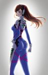  acronym armor ass backlighting bangs bodysuit breasts brown_eyes brown_hair character_name clenched_hand closed_mouth clothes_writing cowboy_shot d.va_(overwatch) english facepaint facial_mark floating_hair from_side gloves gradient gradient_background grey_background hand_on_hip headphones highres legs_apart light_smile lips long_hair looking_at_viewer looking_back lqk_jing_jia medium_breasts outline overwatch pauldrons pilot_suit pink_lips profile skin_tight skindentation smile solo standing thigh_strap turtleneck whisker_markings white_gloves 