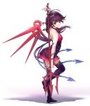  adapted_costume ainy77 animal arched_back arm_at_side arm_up asymmetrical_wings bad_id bad_pixiv_id bangs bare_shoulders black_hair black_legwear breasts closed_mouth dress eyelashes floating_hair frilled_dress frills from_side full_body garter_straps halterneck holding holding_weapon houjuu_nue long_hair medium_breasts no_shoes polearm red_eyes shadow short_dress signature snake solo standing standing_on_one_leg swept_bangs thighhighs touhou trident weapon white_background wings zettai_ryouiki 