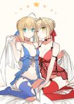  ahoge armlet artoria_pendragon_(all) babydoll bad_id bad_twitter_id bare_shoulders bed_sheet black_ribbon blonde_hair blue_eyes blue_legwear blue_panties bow bow_panties breasts buun_ko cleavage closed_mouth collarbone fate/extra fate/stay_night fate_(series) feet_out_of_frame frilled_panties frills green_eyes hair_intakes head_tilt holding large_breasts looking_at_viewer multiple_girls navel nero_claudius_(fate) nero_claudius_(fate)_(all) no_shoes one_eye_closed panties pulled_by_self red_legwear ribbon saber short_hair simple_background sitting stomach strap_pull thighhighs underwear wariza white_background white_bow 