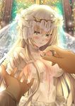  alternate_costume backlighting bangs bare_shoulders blonde_hair blush breasts bridal_veil bride church circlet closed_mouth dress embarrassed eyebrows eyebrows_visible_through_hair fate/grand_order fate_(series) flower formal frills glint gloves hair_between_eyes hair_flower hair_ornament halterneck highres holding indoors jeanne_d'arc_(alter)_(fate) jeanne_d'arc_(fate)_(all) jewelry lace large_breasts lens_flare light_particles lily_(flower) long_hair looking_at_viewer mia_(gute-nacht-07) out_of_frame outstretched_arm pout pov pov_hands putting_on_jewelry ring see-through sideboob solo_focus stained_glass upper_body veil wedding wedding_band wedding_dress white_dress white_flower window yellow_eyes 