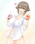  blush breasts brown_hair cleavage coffee coffee_mug cowboy_shot cup highres kantai_collection keikyu_(tiltedcube) large_breasts long_sleeves looking_at_viewer mug mutsu_(kantai_collection) no_bra open_clothes open_mouth open_shirt panties pink_panties shirt short_hair simple_background smile solo steam underwear white_shirt 