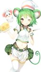  animal animal_ears apron bad_id bad_pixiv_id belt_buckle blush breasts buckle cheese chef_hat collarbone cowboy_shot crop_top food green_hair hat highres holding holding_knife kitchen_knife knife last_period midriff mouse mouse_ears mouse_tail navel one_eye_closed ratte_(last_period) short_hair short_sleeves simple_background skirt small_breasts smile solo tail thighhighs tongue tongue_out tray umibouzu_(niito) white_background white_legwear yellow_eyes zettai_ryouiki 