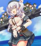  :d armband bag beret binoculars black_hair blue_sky breasts buttons character_name cloud commentary_request day em_s epaulettes fairy_(kantai_collection) frilled_sleeves frills glasses gloves grey_eyes hair_between_eyes hat highres jacket japanese_flag kantai_collection kashima_(kantai_collection) kneehighs looking_at_viewer low_twintails machinery medium_breasts military military_uniform minigirl miniskirt multiple_girls neckerchief ocean open_mouth pleated_skirt red_hair short_hair sidelocks silver_hair sitting skirt sky smile standing thighhighs tsurime twintails uniform wavy_hair white_gloves 