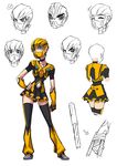  1girl blonde_hair bumblebee character_sheet female genderswap gloves mask partially_colored personification ryuusei_(mark_ii) school_uniform simple_background skirt solo thighhighs transformers transformers_prime white_background 