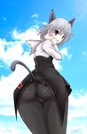  1girl animal_ears ass blush brown_eyes cat_ears cat_tail from_behind looking_at_viewer looking_back pantyhose pleated_skirt sanya_v_litvyak school_uniform serafuku shiny shiny_clothes shiny_hair silver_hair skirt sky solo strike_witches tail tk_(butakuma) underwear 