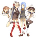 absurdres amatsukaze_(kantai_collection) anchor black_hair black_legwear blouse blue_eyes blue_hair blush brown_dress brown_eyes brown_footwear brown_hair buttons chain choker double_v dress garter_straps gloves gradient_hair hair_tubes hairband hand_on_hip hat hatsukaze_(kantai_collection) headgear high_heels highres kantai_collection kneehighs lifebuoy loafers long_hair long_sleeves looking_at_viewer mini_hat multicolored_hair multiple_girls neckerchief open_mouth outstretched_arm pantyhose pose red_footwear red_legwear ribbon rudder_shoes sailor_collar sailor_dress school_uniform serafuku shoes short_dress short_hair short_hair_with_long_locks short_sleeves silver_hair single_glove skirt smile striped striped_legwear teeth thighband_pantyhose thighhighs tokitsukaze_(kantai_collection) two_side_up v vest white_blouse white_gloves white_legwear windsock yukikaze_(kantai_collection) zuho_(vega) 