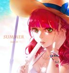  bangs beach bikini bracelet collarbone dated eyebrows eyebrows_visible_through_hair food food_between_breasts hair_tucking halter_top halterneck hat hat_ribbon highres holding holding_food jewelry looking_at_viewer looking_to_the_side melting ocean original pink_hair popsicle portrait ribbon saliva saliva_trail shade shou_xian_wu solo star straw_hat swimsuit tongue tongue_out wavy_hair white_bikini 