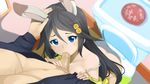  1girl animal_ears black_hair blue_eyes bottomless breasts bunny_ears fellatio from_above hair_between_eyes hair_ornament hand_on_another's_head hetero highres izumi_reina long_hair looking_at_viewer musaigen_no_phantom_world open_clothes open_shirt oral paavuchi penis shirt sitting small_breasts strap_slip toilet 