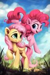  2016 assasinmonkey blue_eyes cloud cutie_mark duo earth_pony equine feathered_wings feathers female feral fluttershy_(mlp) friendship_is_magic fur grass hair horse mammal my_little_pony open_mouth outside pegasus pink_fur pink_hair pinkie_pie_(mlp) plant pony sky smile wings yellow_feathers yellow_fur 