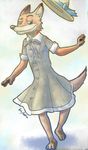  2016 canine clothed clothing crossdressing cute disney dress fox full-length_portrait fur green_eyes happy hat hi_res ksykotic male mammal nick_wilde portrait simple_background smile smug solo traditional_media_(artwork) white_background zootopia 