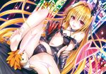  :d absurdres bare_shoulders barefoot blonde_hair breasts cameltoe center_opening character_doll criss-cross_halter feet gauntlets hair_intakes halter_top halterneck heart highres horns konjiki_no_yami leaning_back leg_lift long_hair navel official_art open_mouth prehensile_hair red_eyes scan small_breasts smile soles solo spread_legs stained_glass to_love-ru to_love-ru_darkness toes very_long_hair yabuki_kentarou 