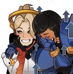 black_hair blonde_hair blush closed_eyes covering_face derivative_work directional_arrow grin hand_on_another's_shoulder laughing looking_to_the_side mechanical_halo meme mercy_(overwatch) multiple_girls open_mouth overwatch parody pharah_(overwatch) smile splashbrush transparent_background upper_body young_women_laughing_in_photo_booth 