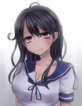  bite_mark black_hair breasts bruise cleavage closed_mouth collarbone head_tilt highres injury kantai_collection large_breasts long_hair looking_at_viewer neit_ni_sei school_uniform serafuku shirt short_sleeves simple_background sleeve_cuffs smile solo tears ushio_(kantai_collection) white_shirt yellow_eyes 