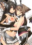  2girls admiral_(kantai_collection) black_gloves black_hair blush breast_grab breasts brown_eyes brown_hair elbow_gloves fingerless_gloves gloves grabbing grabbing_from_behind headgear hetero inverted_nipples kantai_collection long_hair medium_breasts midriff miniskirt multiple_boys multiple_girls mutsu_(kantai_collection) nagato_(kantai_collection) navel nipples open_mouth parted_lips pleated_skirt red_eyes sex short_hair simple_background skirt skirt_lift smile white_background white_gloves yasu_(yossy) 