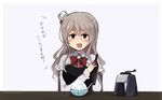  annin_musou bottle brown_eyes grey_hair hat highres ice_shaver kantai_collection long_hair mini_hat open_mouth pola_(kantai_collection) shaved_ice solo tilted_headwear translated 