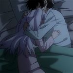  1girl animated animated_gif bed black_hair cuddling hug isla_(plastic_memories) mizugaki_tsukasa non-web_source pajamas petting pink_pajamas plastic_memories purple_hair shirt shirt_grab sleeping white_hair white_shirt 