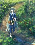  basket blue_eyes blue_hair cucumber eggplant garden gloves hat highres japanese_clothes kousetsu_samonji leaf long_hair male_focus pippi_(pixiv_1922055) sandals solo straw_hat tomato touken_ranbu trowel very_long_hair white_gloves 