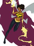  belt brown_eyes brown_hair bumblebee_(dc) curly_hair dark_skin dc_comics double_bun earrings electricity full_body insect_wings jewelry lipstick makeup midriff navel sodrawnout solo teen_titans wings 