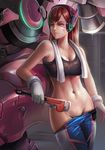  bangs banned_artist bare_shoulders bodysuit breasts brown_eyes brown_hair cleavage closed_mouth collarbone crop_top d.va_(overwatch) eyelashes facepaint facial_mark gloves groin headphones highres holding hot light_smile lips long_hair mecha medium_breasts meka_(overwatch) midriff navel overwatch pants_pull parted_bangs pilot_suit pulled_by_self smile solo sports_bra sweat sweatdrop thrusters towel towel_around_neck whisker_markings white_gloves wrench yinan_cui 