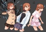  alternate_costume brown_eyes brown_hair casual coat competition_school_swimsuit competition_swimsuit cowboy_shot duffel_coat electricity grey_background hair_ornament hairclip hood hoodie jacket misaka_mikoto multiple_persona one-piece_swimsuit one_eye_closed open_clothes open_shirt pink_skirt plaid plaid_skirt pleated_skirt rod_(rod4817) school_uniform shirt short_hair simple_background skirt swimsuit swimsuit_under_clothes to_aru_kagaku_no_railgun to_aru_majutsu_no_index 