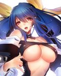  bangs belt blue_hair breasts choker detached_sleeves dizzy eyebrows eyebrows_visible_through_hair eyelashes guilty_gear hair_between_eyes hair_ribbon large_breasts long_hair looking_at_viewer open_mouth oro_(sumakaita) red_eyes ribbon simple_background sketch solo twintails underboob upper_body white_background yellow_ribbon 